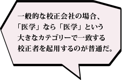 一般的な校正会社の場合、「医学」なら「医学」という大きなカテゴリーで一致する校正者を起用するのが普通だ。