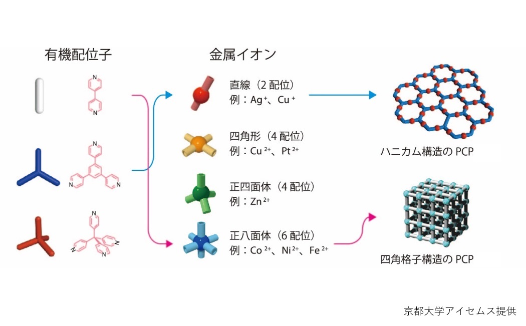 ハニカム構造のPCP/MOFと四角格子構造のPCP/MOF-京都大学iCeMS提供